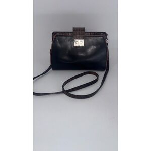 VTG Brahmin Croc‎ Embossed Leather Crossbody Bag Brown Black Suede Turnlock USA